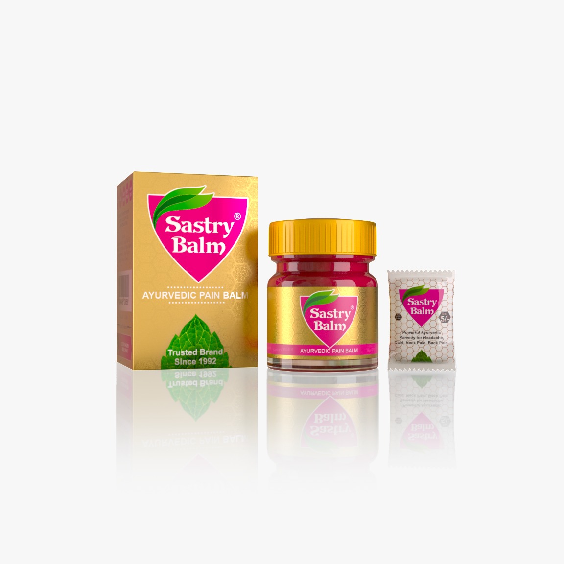 Sastry Balm jar, gold carton and compact sachet