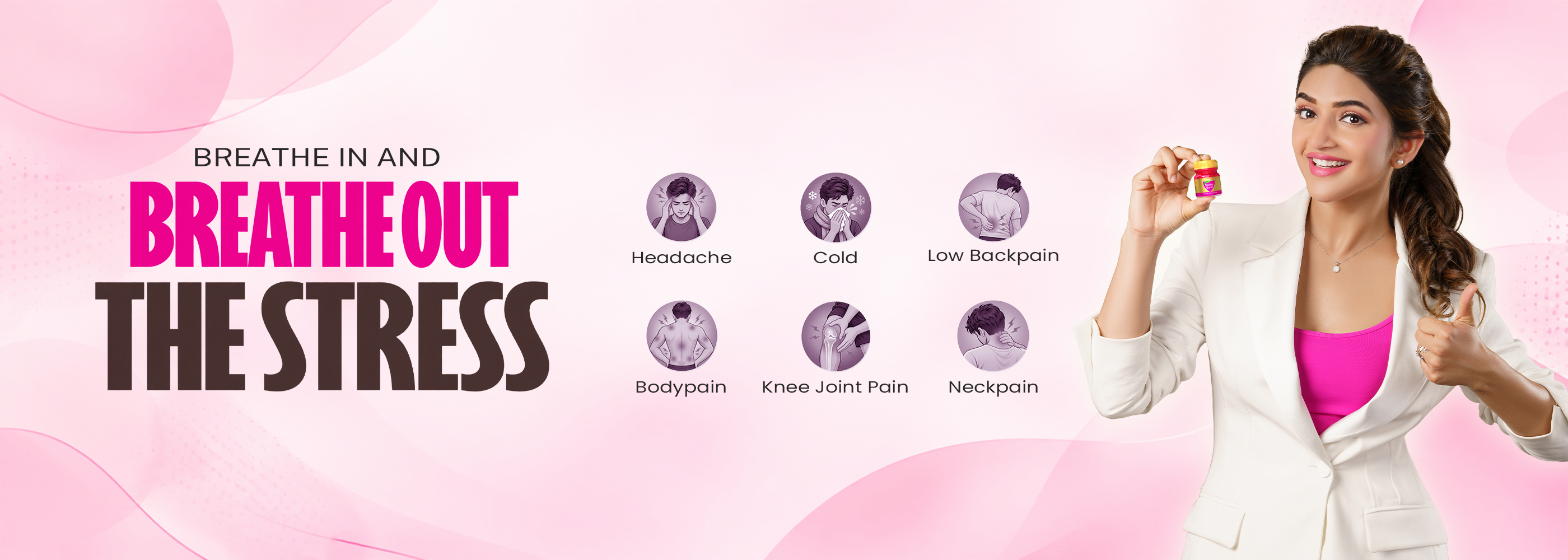Sastry Balm desktop campaign: Breathe in and breathe out the stress, with six illustrated care concerns and a spokesperson holding a balm jar on a pink background.